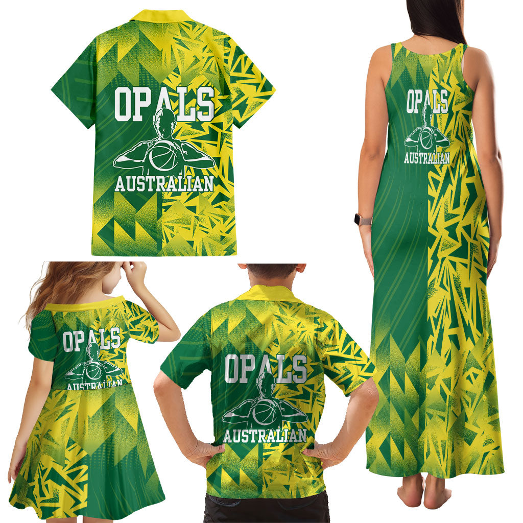 Australian Opals Basketball Family Matching Tank Maxi Dress and Hawaiian Shirt Geometric Tribal Pattern In Green And Gold Athletic Art
