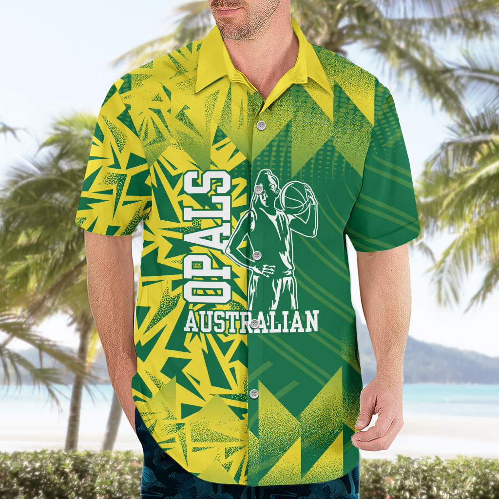 Australian Opals Basketball Hawaiian Shirt Geometric Tribal Pattern In Green And Gold Athletic Art