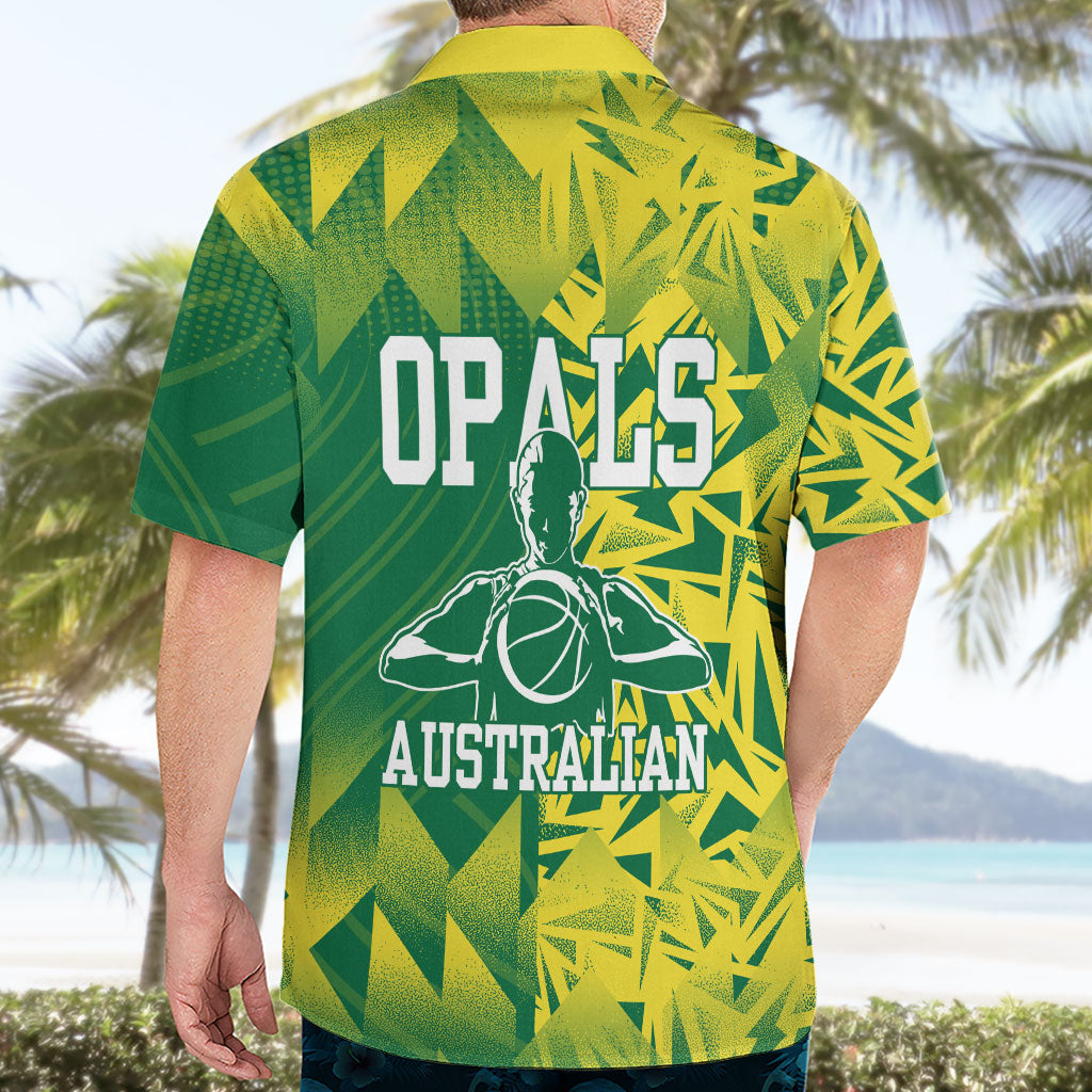 Australian Opals Basketball Hawaiian Shirt Geometric Tribal Pattern In Green And Gold Athletic Art