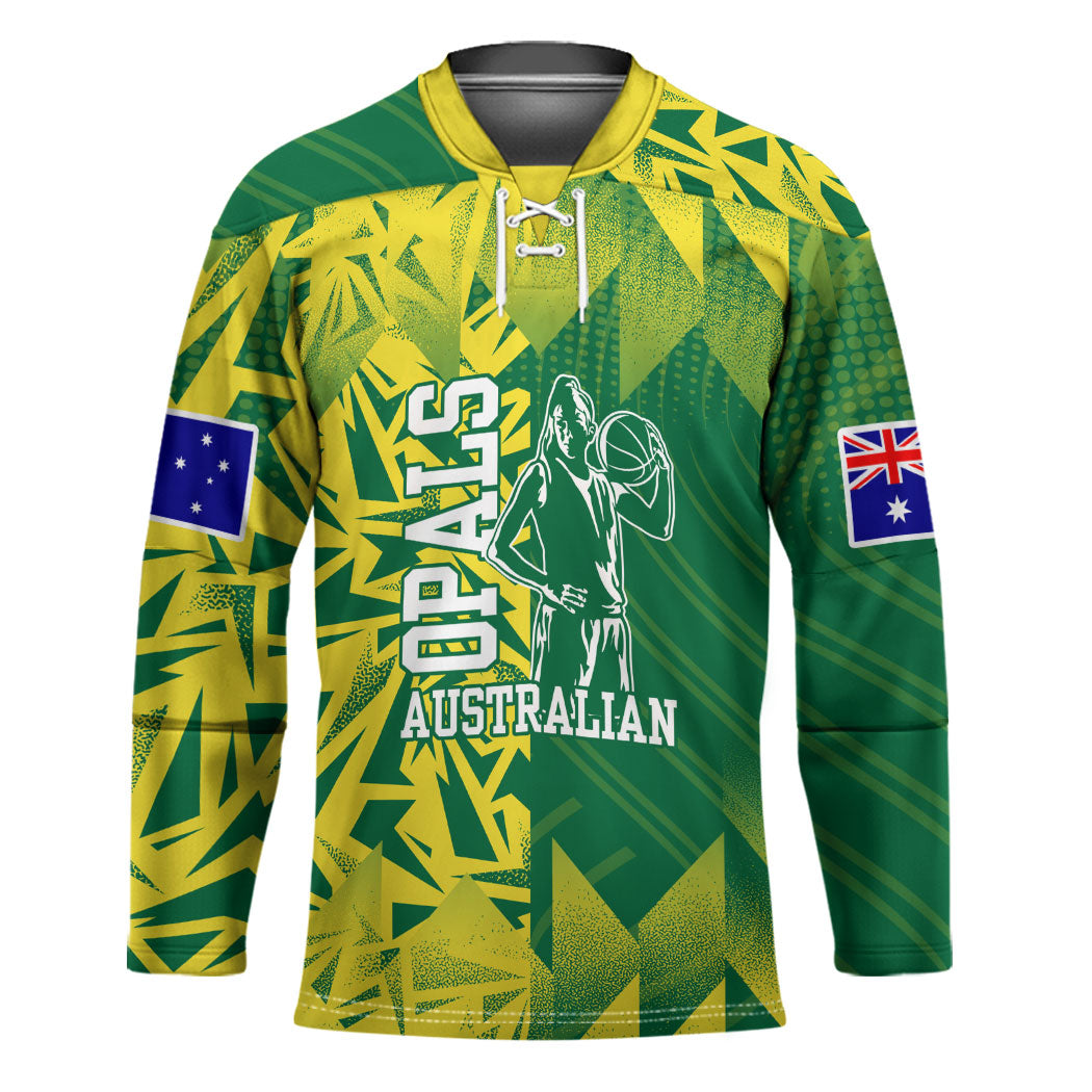 Australian Opals Basketball Hockey Jersey Geometric Tribal Pattern In Green And Gold Athletic Art