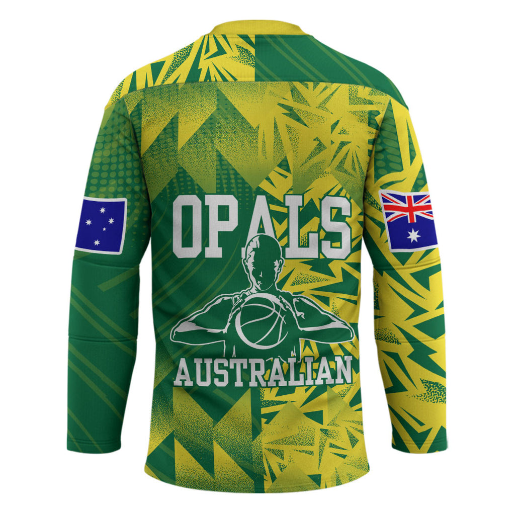Australian Opals Basketball Hockey Jersey Geometric Tribal Pattern In Green And Gold Athletic Art