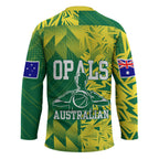 Australian Opals Basketball Hockey Jersey Geometric Tribal Pattern In Green And Gold Athletic Art