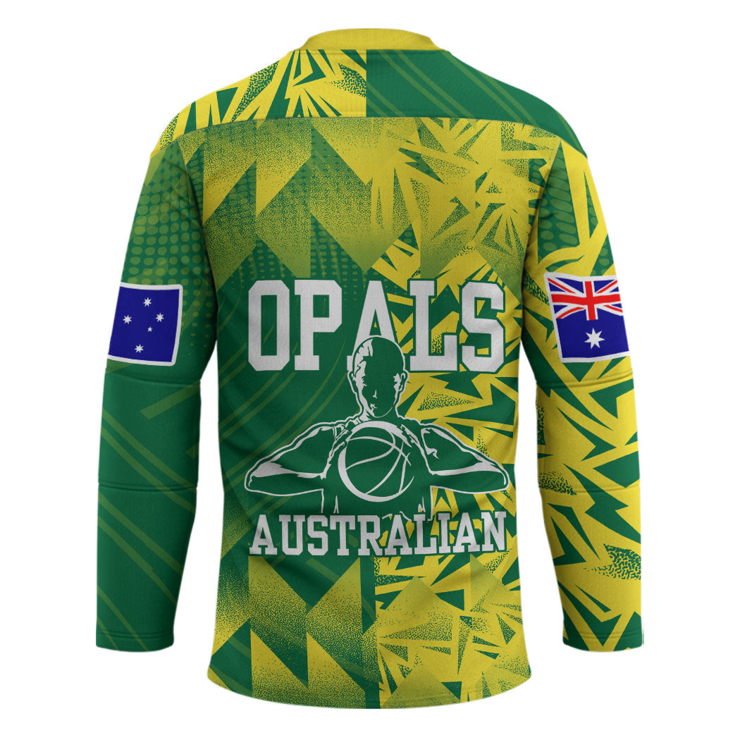 Australian Opals Basketball Hockey Jersey Geometric Tribal Pattern In Green And Gold Athletic Art