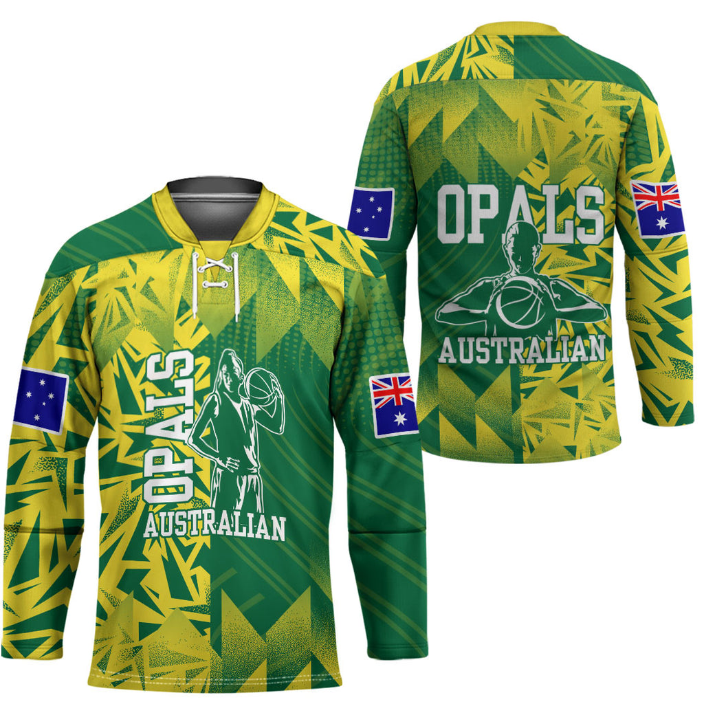 Australian Opals Basketball Hockey Jersey Geometric Tribal Pattern In Green And Gold Athletic Art