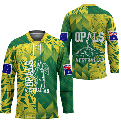 Australian Opals Basketball Hockey Jersey Geometric Tribal Pattern In Green And Gold Athletic Art