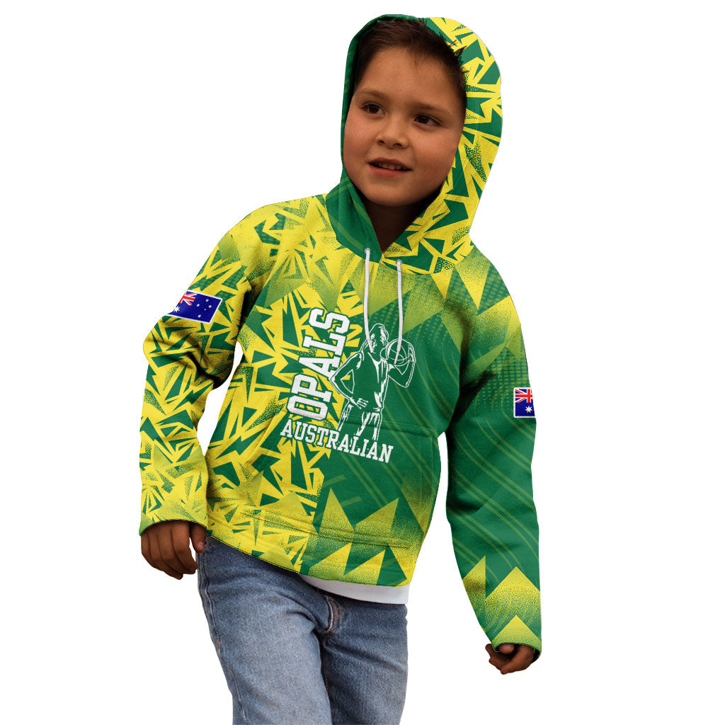 Australian Opals Basketball Kid Hoodie Geometric Tribal Pattern In Green And Gold Athletic Art
