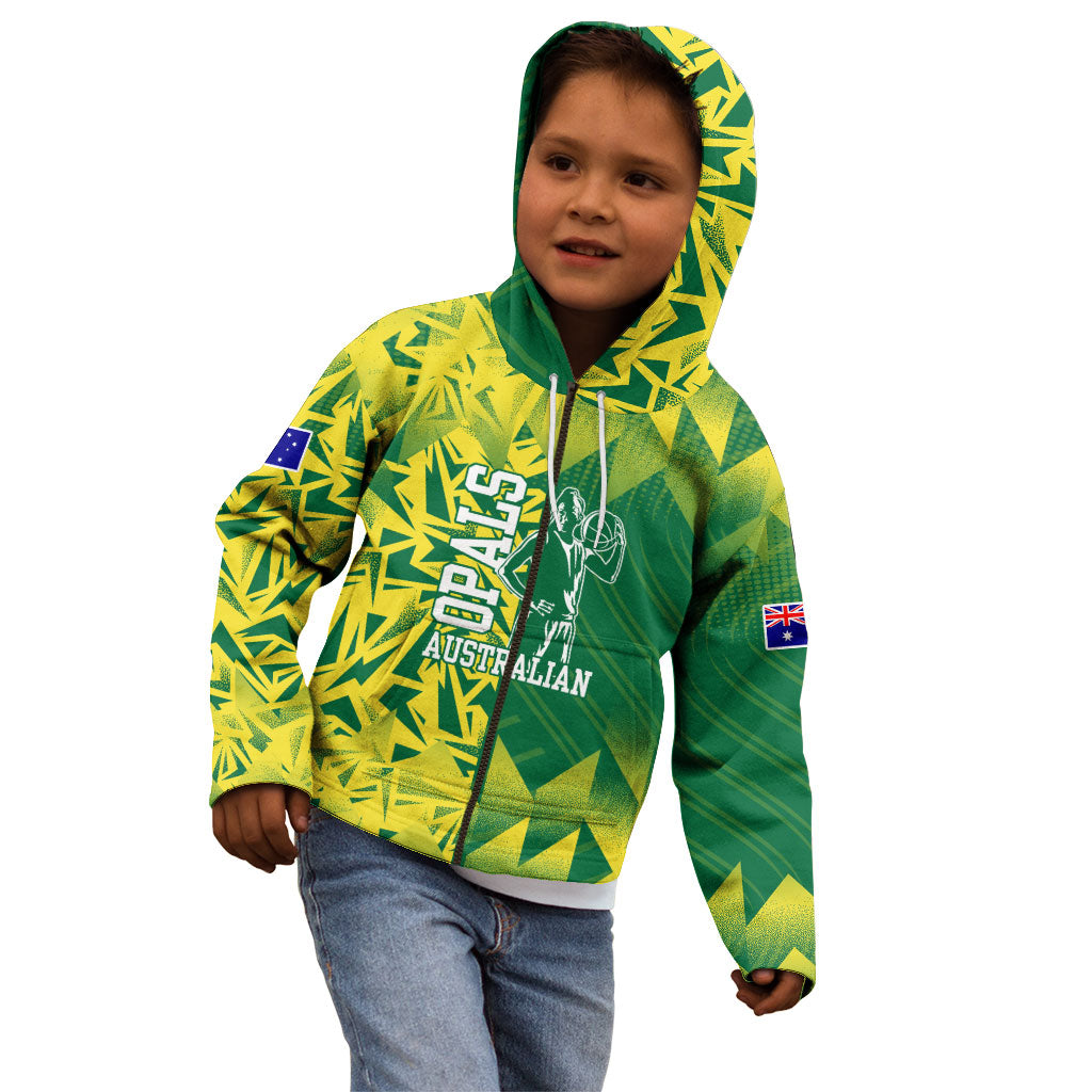 Australian Opals Basketball Kid Hoodie Geometric Tribal Pattern In Green And Gold Athletic Art