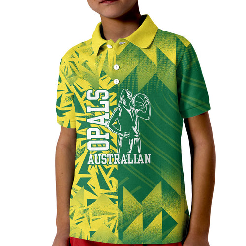 Australian Opals Basketball Kid Polo Shirt Geometric Tribal Pattern In Green And Gold Athletic Art