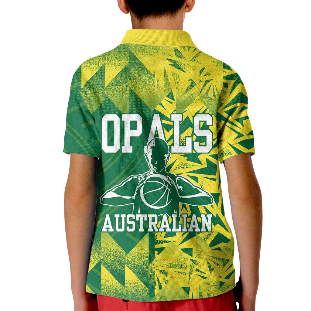 Australian Opals Basketball Kid Polo Shirt Geometric Tribal Pattern In Green And Gold Athletic Art
