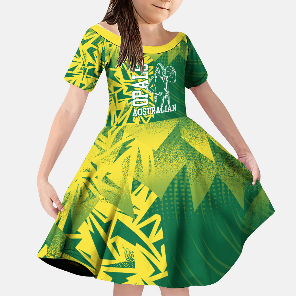 Australian Opals Basketball Kid Short Sleeve Dress Geometric Tribal Pattern In Green And Gold Athletic Art
