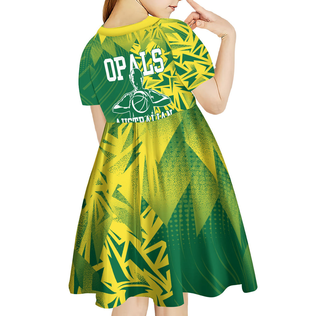 Australian Opals Basketball Kid Short Sleeve Dress Geometric Tribal Pattern In Green And Gold Athletic Art
