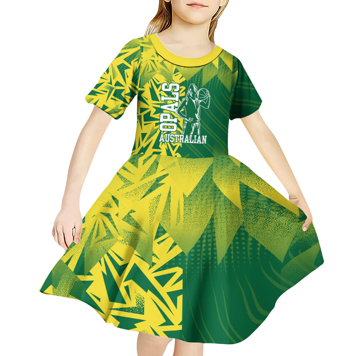 Australian Opals Basketball Kid Short Sleeve Dress Geometric Tribal Pattern In Green And Gold Athletic Art