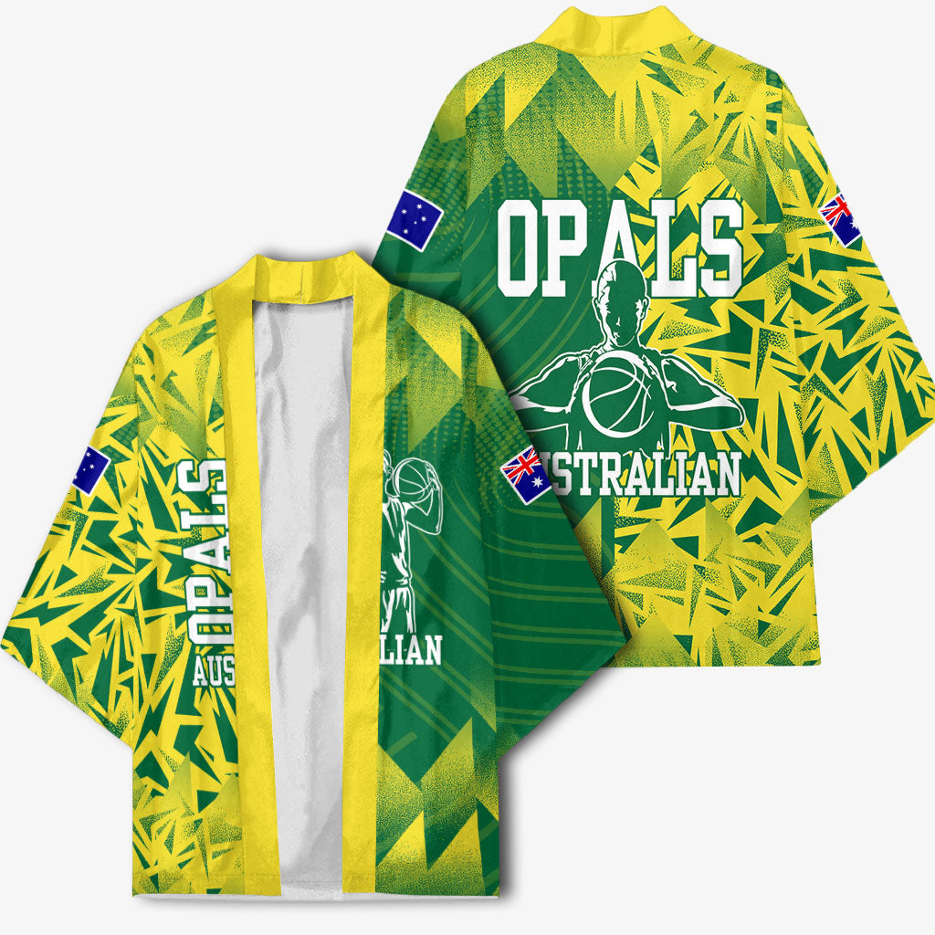Australian Opals Basketball Kimono Geometric Tribal Pattern In Green And Gold Athletic Art