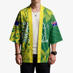 Australian Opals Basketball Kimono Geometric Tribal Pattern In Green And Gold Athletic Art