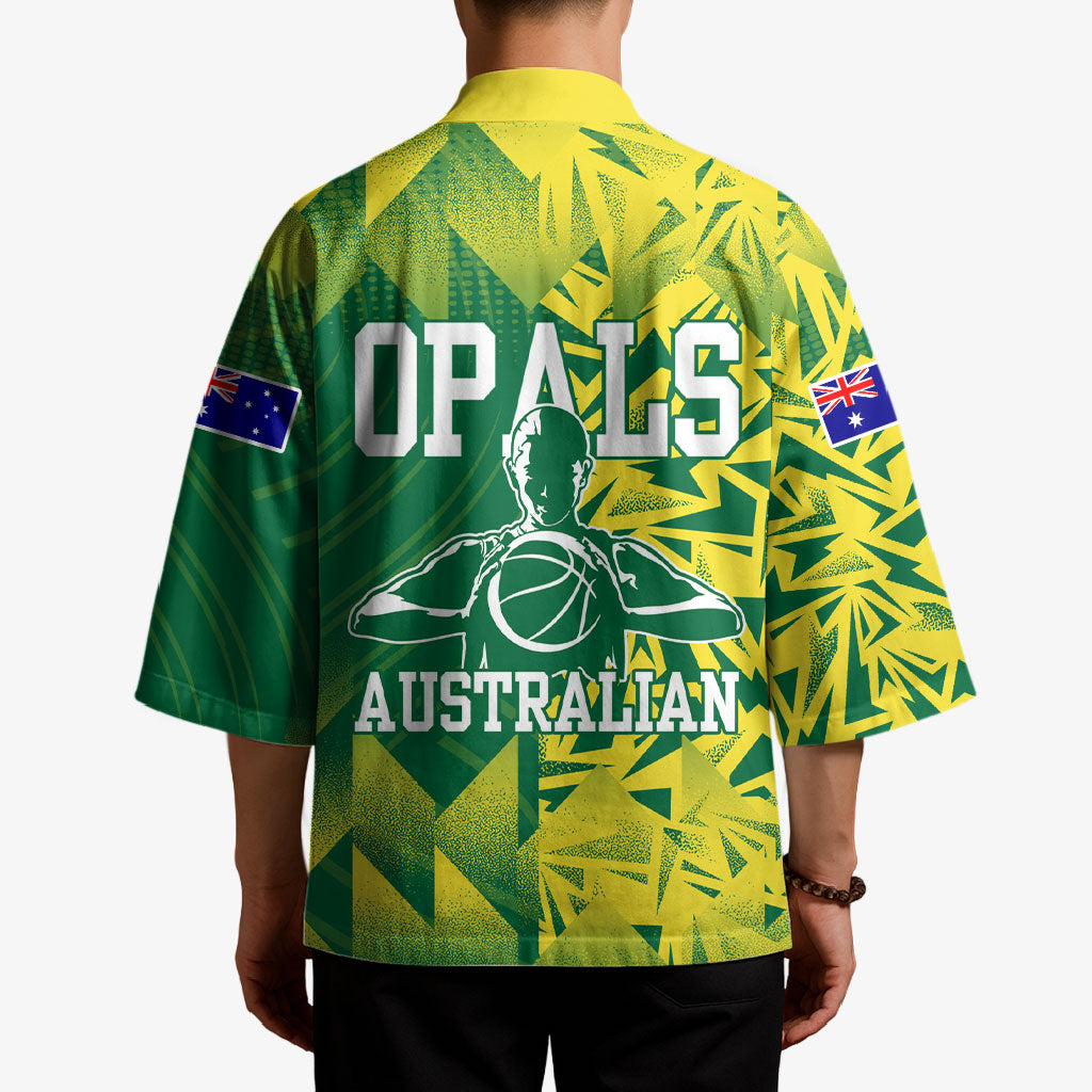 Australian Opals Basketball Kimono Geometric Tribal Pattern In Green And Gold Athletic Art