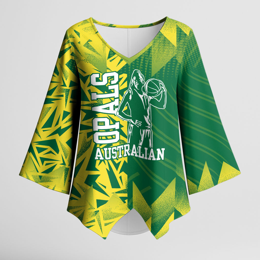 Australian Opals Basketball Kimono Sleeve Blouse Geometric Tribal Pattern In Green And Gold Athletic Art