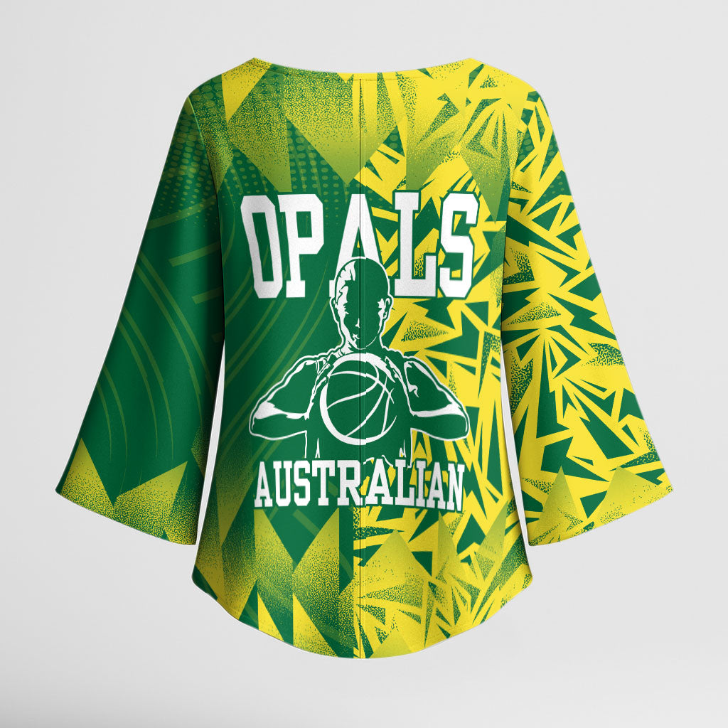 Australian Opals Basketball Kimono Sleeve Blouse Geometric Tribal Pattern In Green And Gold Athletic Art
