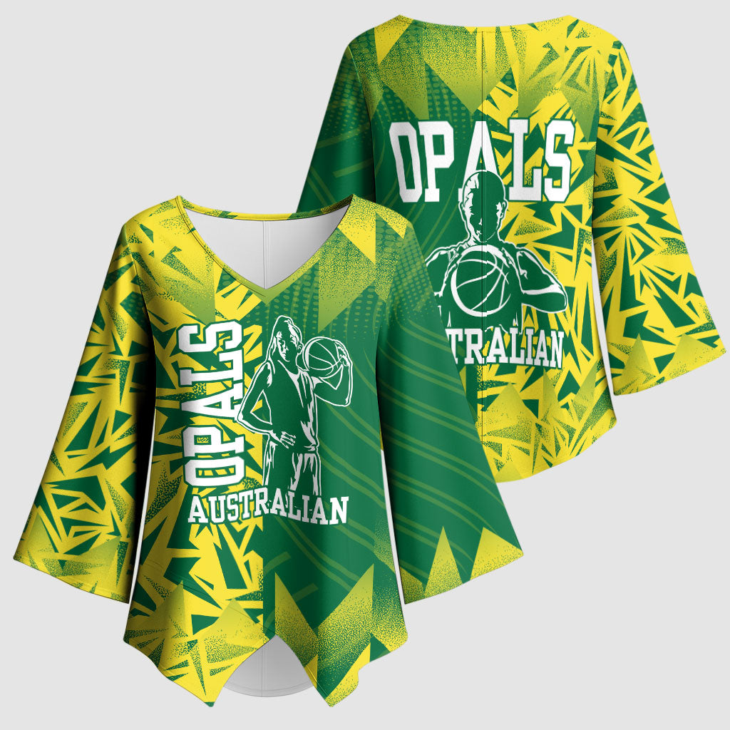 Australian Opals Basketball Kimono Sleeve Blouse Geometric Tribal Pattern In Green And Gold Athletic Art