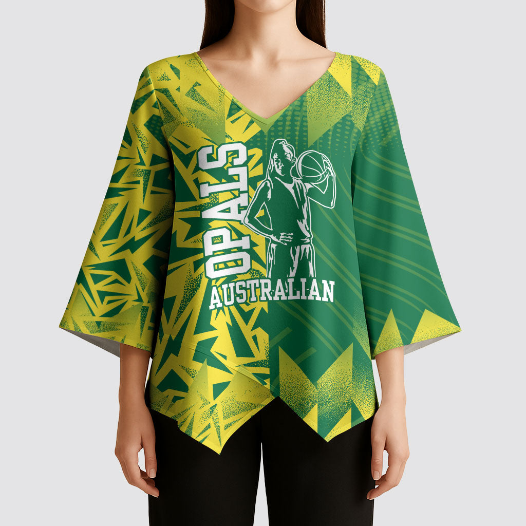 Australian Opals Basketball Kimono Sleeve Blouse Geometric Tribal Pattern In Green And Gold Athletic Art
