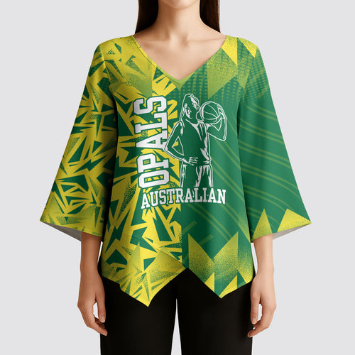 Australian Opals Basketball Kimono Sleeve Blouse Geometric Tribal Pattern In Green And Gold Athletic Art