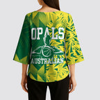 Australian Opals Basketball Kimono Sleeve Blouse Geometric Tribal Pattern In Green And Gold Athletic Art