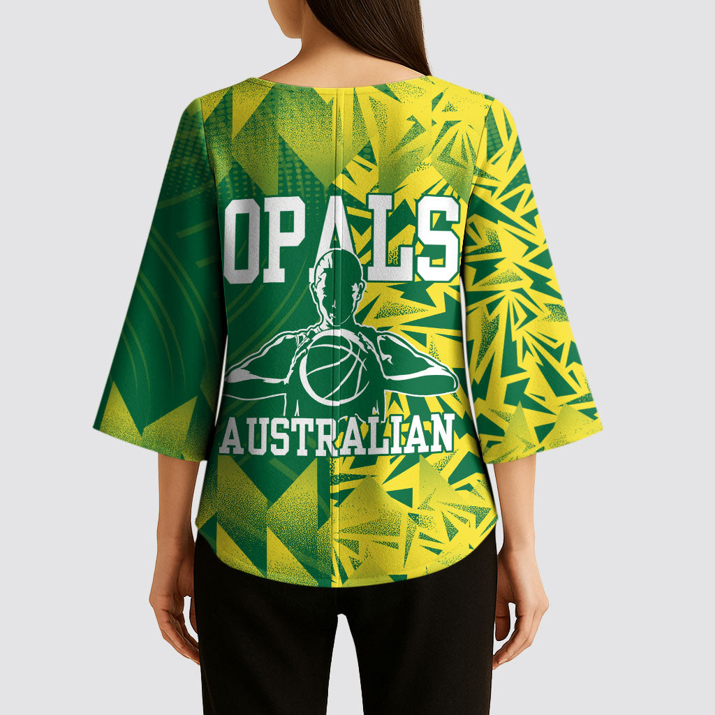 Australian Opals Basketball Kimono Sleeve Blouse Geometric Tribal Pattern In Green And Gold Athletic Art