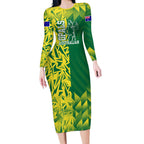 Australian Opals Basketball Long Sleeve Bodycon Dress Geometric Tribal Pattern In Green And Gold Athletic Art