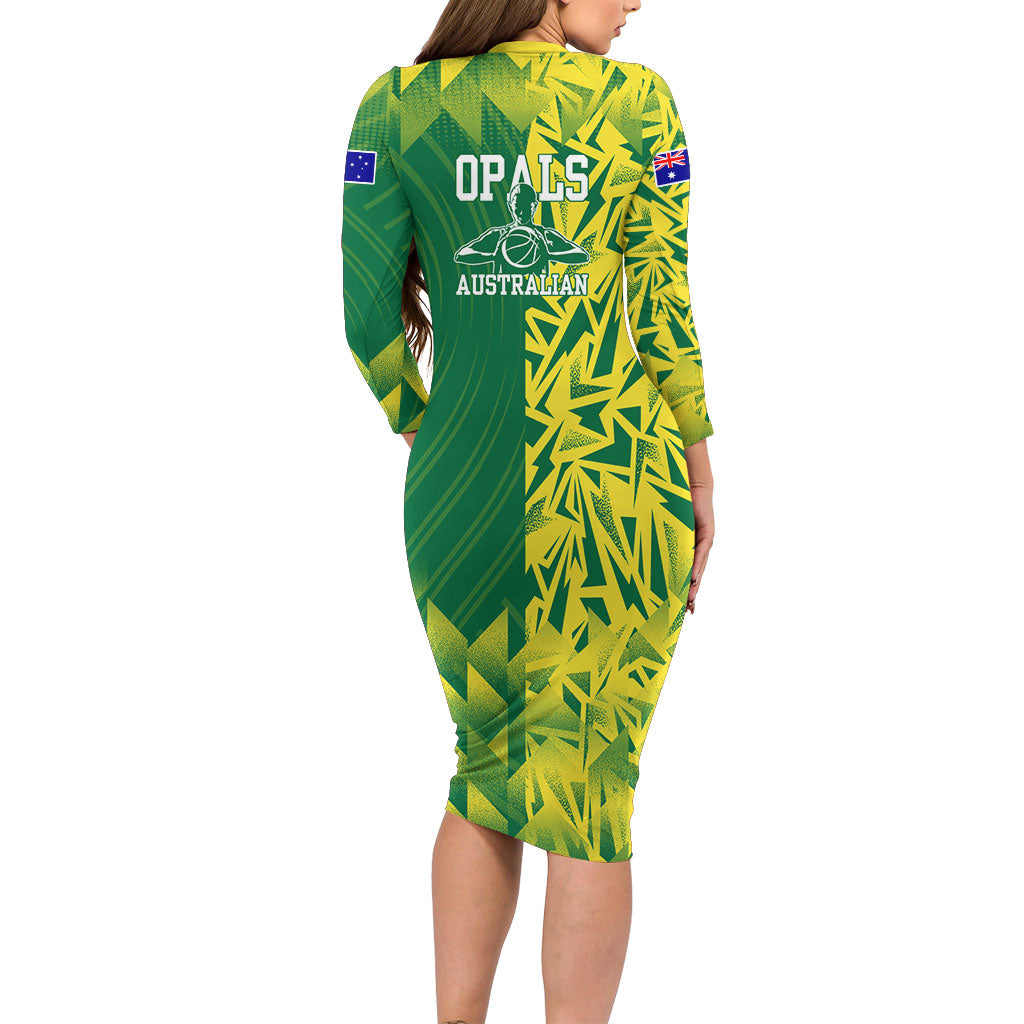 Australian Opals Basketball Long Sleeve Bodycon Dress Geometric Tribal Pattern In Green And Gold Athletic Art