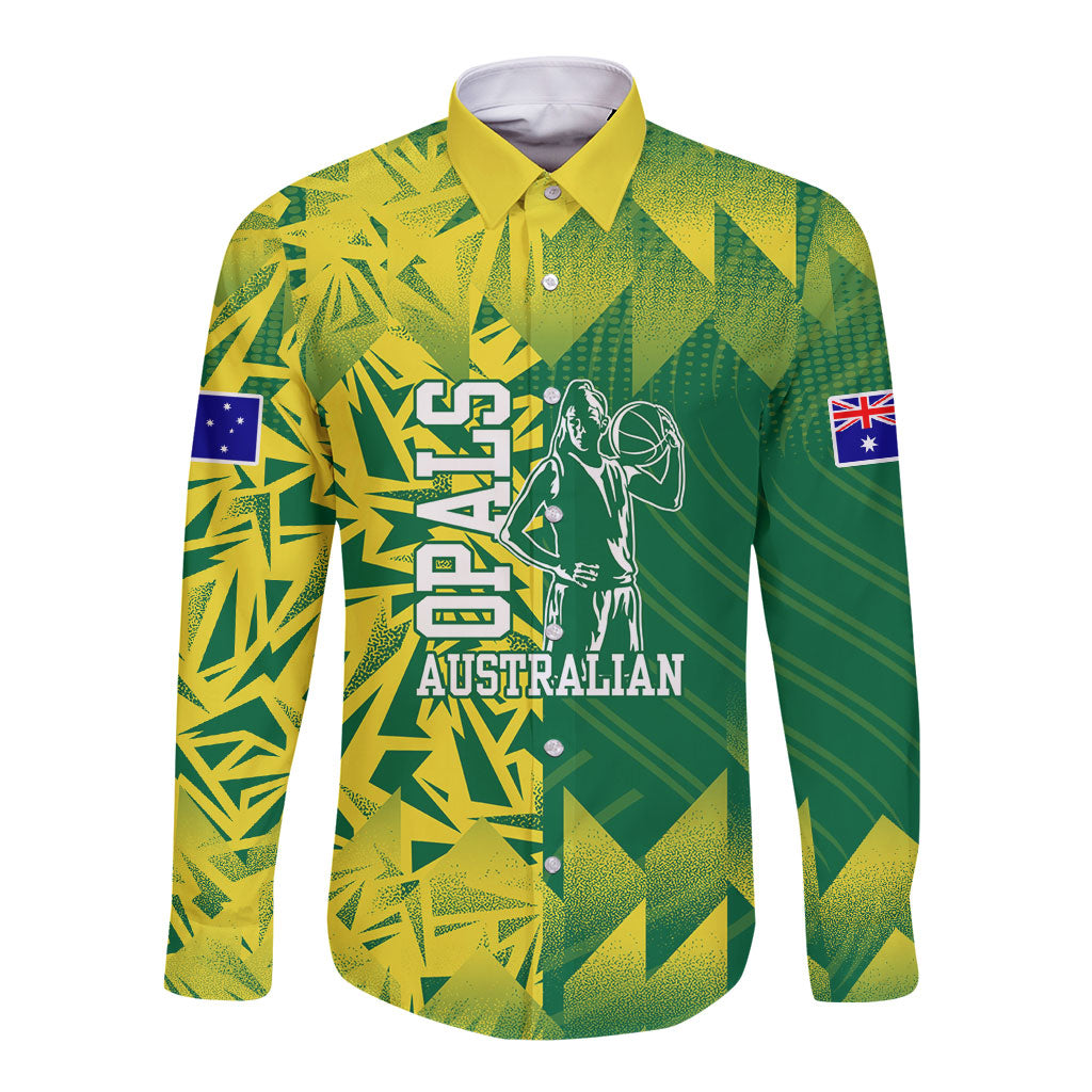 Australian Opals Basketball Long Sleeve Button Shirt Geometric Tribal Pattern In Green And Gold Athletic Art