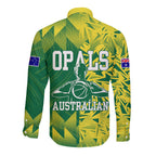 Australian Opals Basketball Long Sleeve Button Shirt Geometric Tribal Pattern In Green And Gold Athletic Art