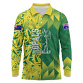 Australian Opals Basketball Long Sleeve Polo Shirt Geometric Tribal Pattern In Green And Gold Athletic Art