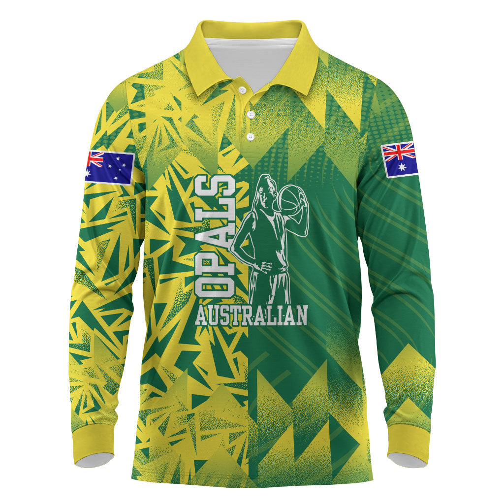 Australian Opals Basketball Long Sleeve Polo Shirt Geometric Tribal Pattern In Green And Gold Athletic Art