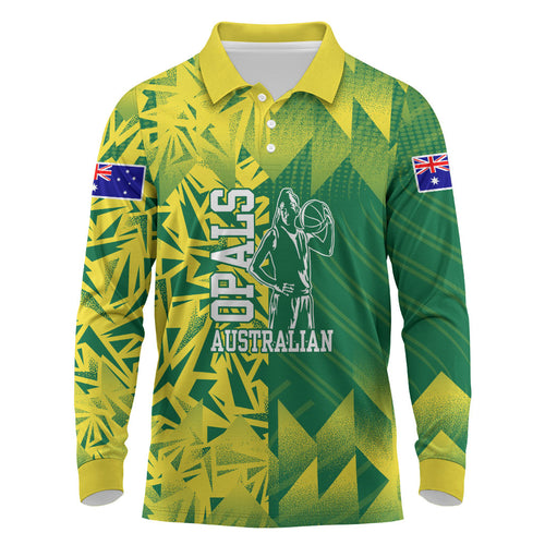 Australian Opals Basketball Long Sleeve Polo Shirt Geometric Tribal Pattern In Green And Gold Athletic Art
