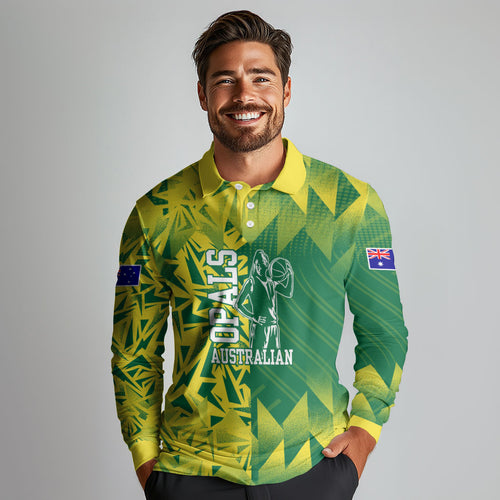 Australian Opals Basketball Long Sleeve Polo Shirt Geometric Tribal Pattern In Green And Gold Athletic Art