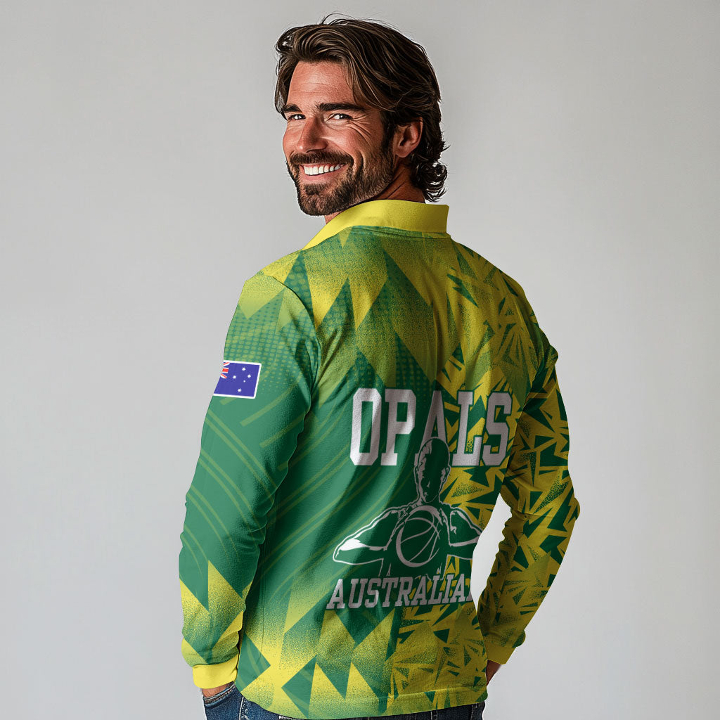 Australian Opals Basketball Long Sleeve Polo Shirt Geometric Tribal Pattern In Green And Gold Athletic Art