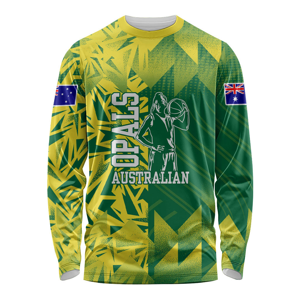 Australian Opals Basketball Long Sleeve Shirt Geometric Tribal Pattern In Green And Gold Athletic Art