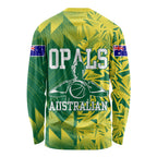 Australian Opals Basketball Long Sleeve Shirt Geometric Tribal Pattern In Green And Gold Athletic Art