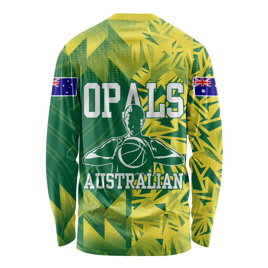 Australian Opals Basketball Long Sleeve Shirt Geometric Tribal Pattern In Green And Gold Athletic Art