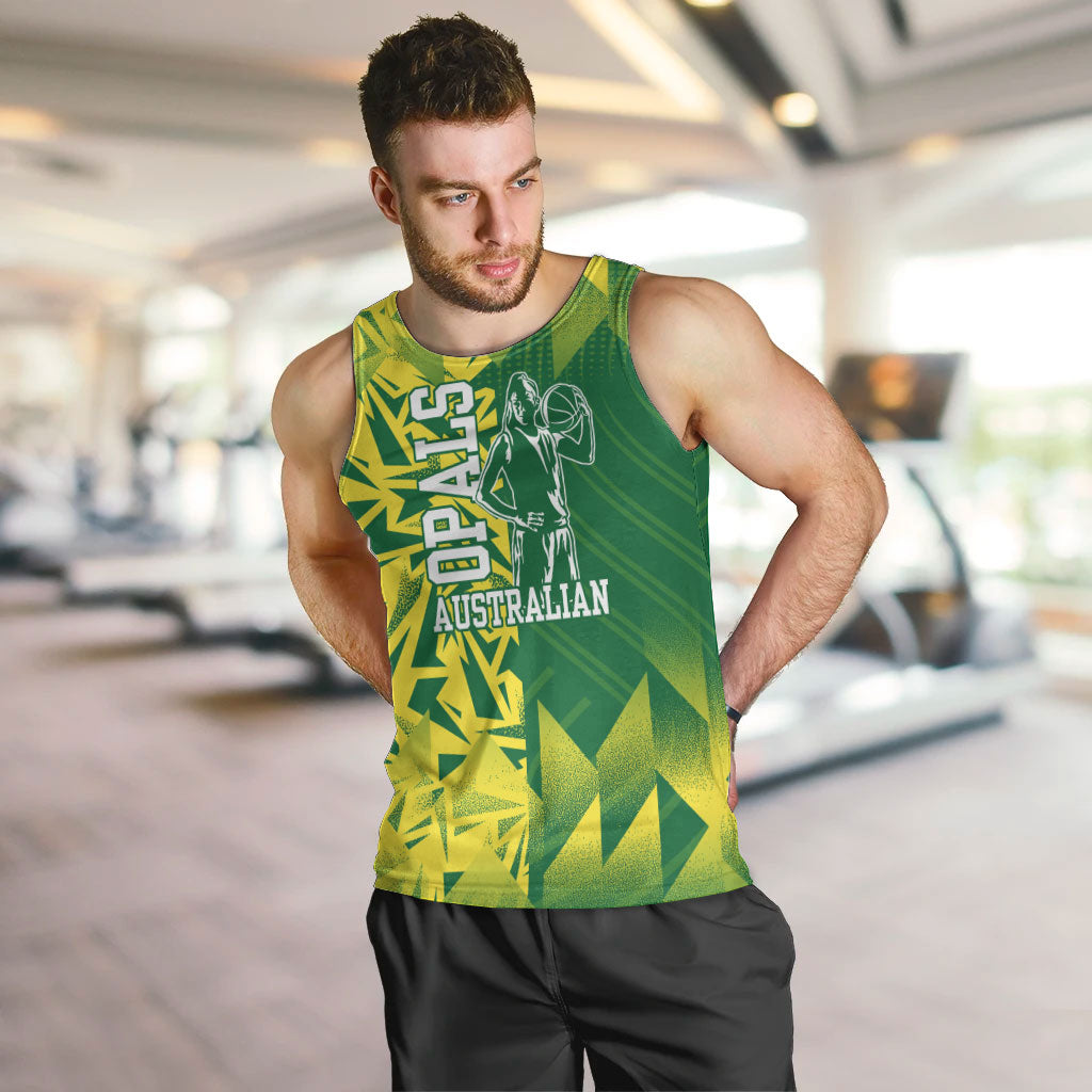Australian Opals Basketball Men Tank Top Geometric Tribal Pattern In Green And Gold Athletic Art