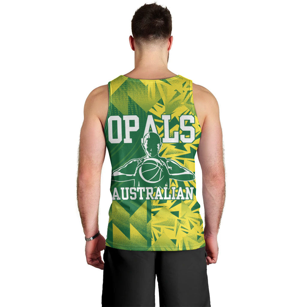 Australian Opals Basketball Men Tank Top Geometric Tribal Pattern In Green And Gold Athletic Art