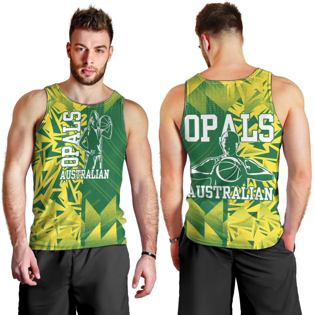 Australian Opals Basketball Men Tank Top Geometric Tribal Pattern In Green And Gold Athletic Art