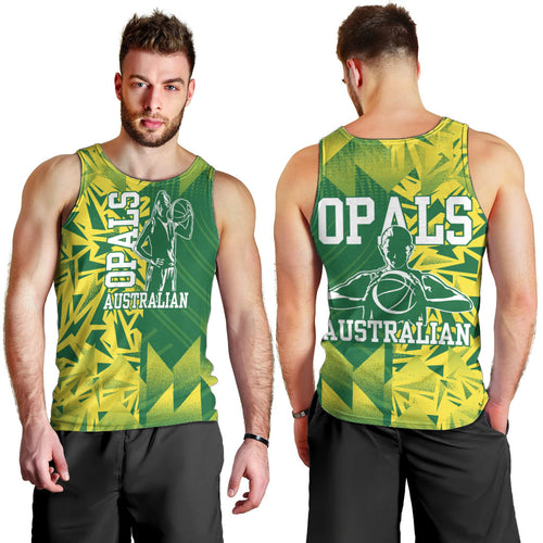 Australian Opals Basketball Men Tank Top Geometric Tribal Pattern In Green And Gold Athletic Art