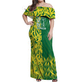 Australian Opals Basketball Off Shoulder Maxi Dress Geometric Tribal Pattern In Green And Gold Athletic Art