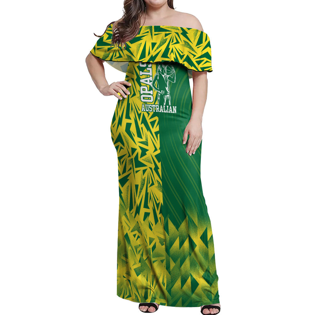 Australian Opals Basketball Off Shoulder Maxi Dress Geometric Tribal Pattern In Green And Gold Athletic Art