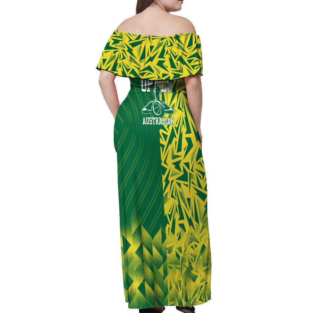 Australian Opals Basketball Off Shoulder Maxi Dress Geometric Tribal Pattern In Green And Gold Athletic Art