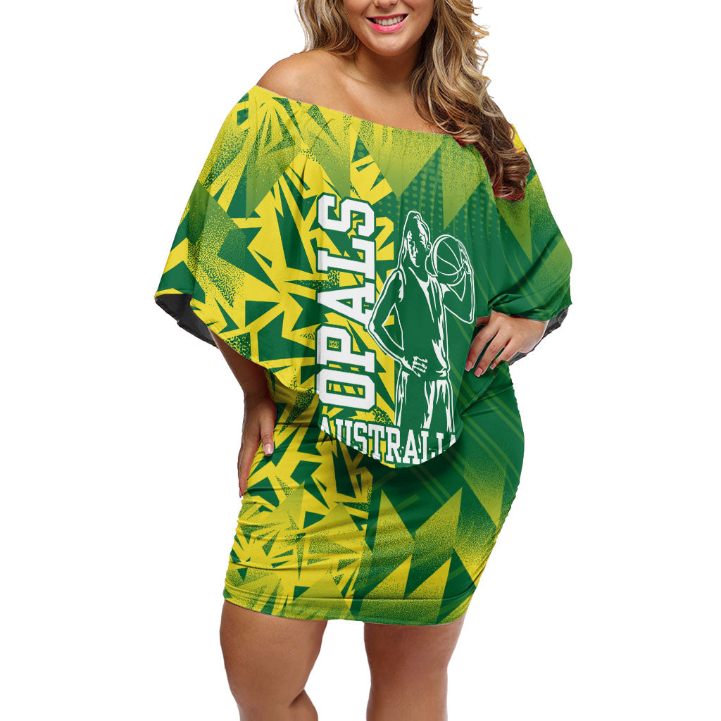 Australian Opals Basketball Off Shoulder Short Dress Geometric Tribal Pattern In Green And Gold Athletic Art