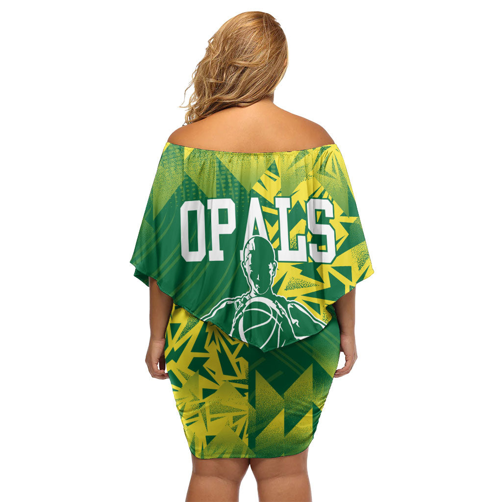 Australian Opals Basketball Off Shoulder Short Dress Geometric Tribal Pattern In Green And Gold Athletic Art