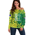 Australian Opals Basketball Off Shoulder Sweater Geometric Tribal Pattern In Green And Gold Athletic Art