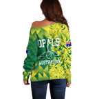 Australian Opals Basketball Off Shoulder Sweater Geometric Tribal Pattern In Green And Gold Athletic Art