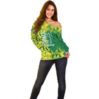 Australian Opals Basketball Off Shoulder Sweater Geometric Tribal Pattern In Green And Gold Athletic Art